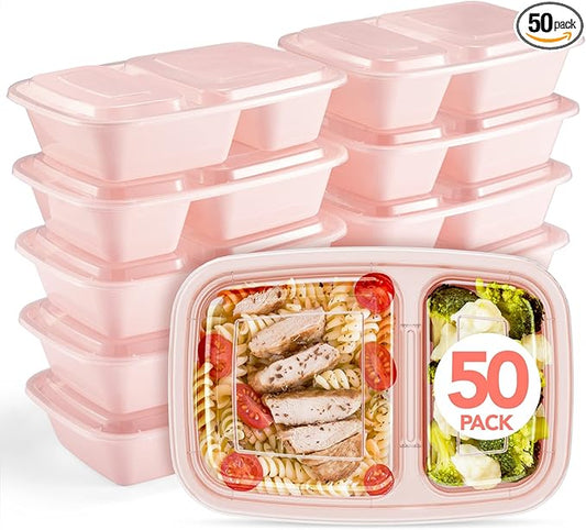 50 Pack Pink Meal Prep Containers 2 Compartments, Glotoch 32OZ to Go Containers for Food, Disposable Plastic Food Containers with Lids for Microwave Dishwasher Freezer Safe