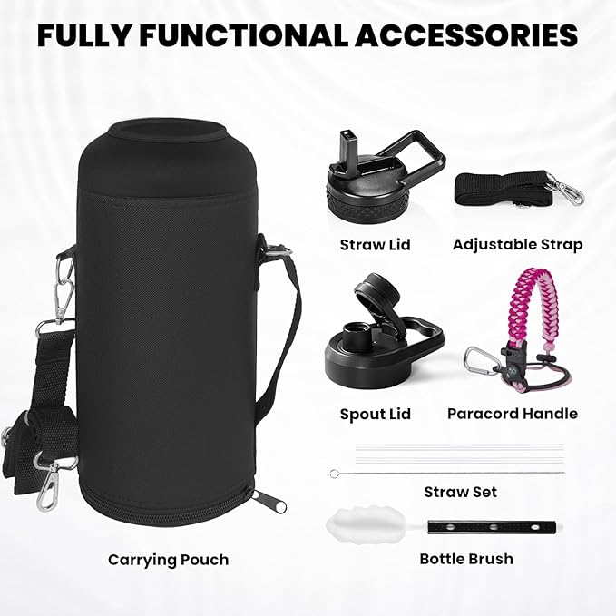 Insulated Water Bottle 87 oz, Triple Wall Vacuum Stainless Steel (Cold for 48 Hrs), Leak Proof & Non-BPA, Modern Water Flask Jug with Paracord Handle & Straw Spout Lids, Ombre Pink