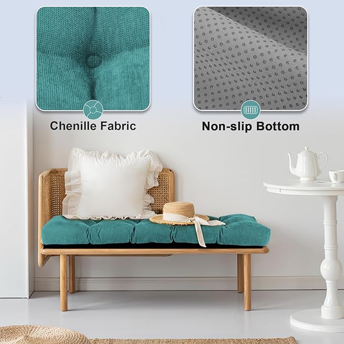 Bench Cushion 45 Inch - Chenille, High-Density Memory Foam, Non-Slip Bottom, Soft Durable Indoor Tufted Long Seat Cushion for Window Garden Furniture (Pastel Turquoise, 45x18x4 Inch)