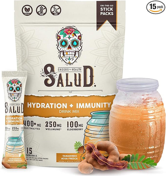 Salud 2-in-1 Hydration Packets + Immunity Electrolytes Powder, Tamarindo - Agua Fresca Drink Mix, Elderberry, Dairy & Soy Free, Non-GMO, Gluten Free, Vegan, Low Calorie, 1g Sugar (15 Servings)