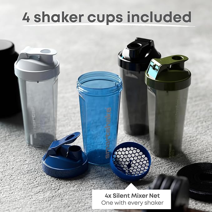 Smartshake Lite 4-Pack Protein Shaker Bottle 800 ml | 27 oz - Leakproof Screw-on Lid - BPA Free – Unisex - Mist Gray, Army Green, Black, Navy Blue