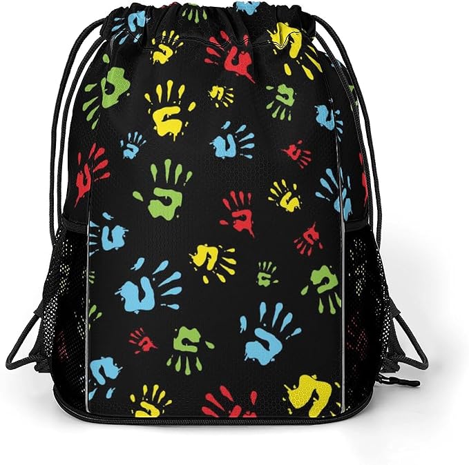 Hand Print Drawstring Backpack Gym Bag With Shoe Compartment String Bag Sport Beach Swimming Sackpack For Women Men