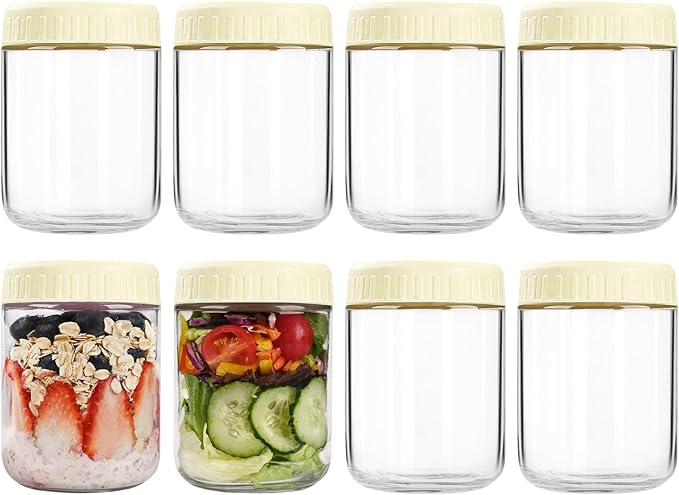 Overnight Oats Containers with Lids, 16oz Glass Jars with Lids 8 pcs, Milk White, Wide Mouth Mason jars for Salad, Yogurt, Snacks, Meal Prep