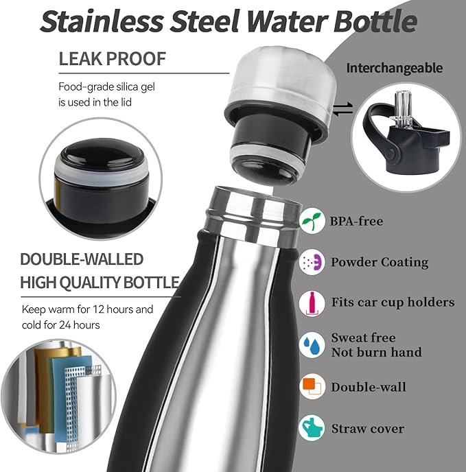 Insulated Water Bottle,2 Pack-12oz Stainless Steel Water Bottles with straw lid,Metal Sports Water Bottles for Boys,Girls,Double Wall Vacuum BPA-Free Flask for School, Sports (Black-Sliver)
