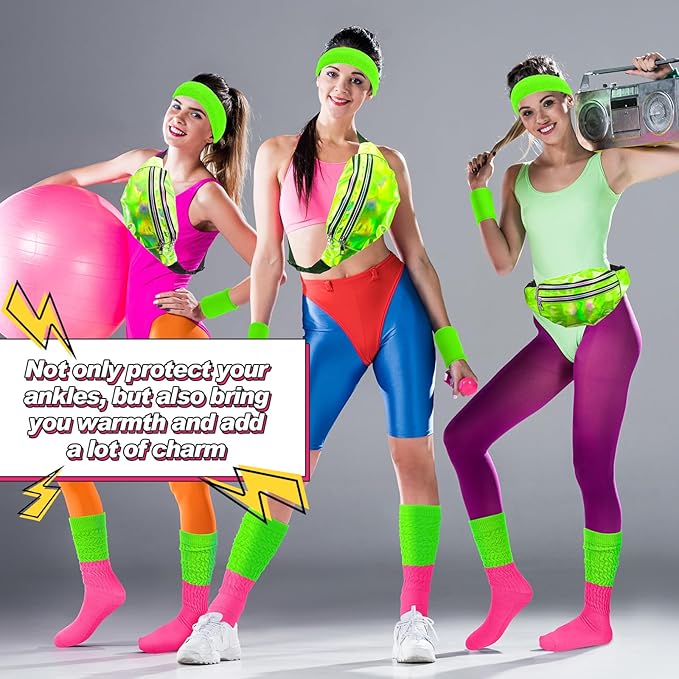 Tarpop 80s Neon Women Slouch Socks 90s Headbands Wristbands Fanny Pack Leg Warmers Sweatbands Waist Bag Women Party Costume