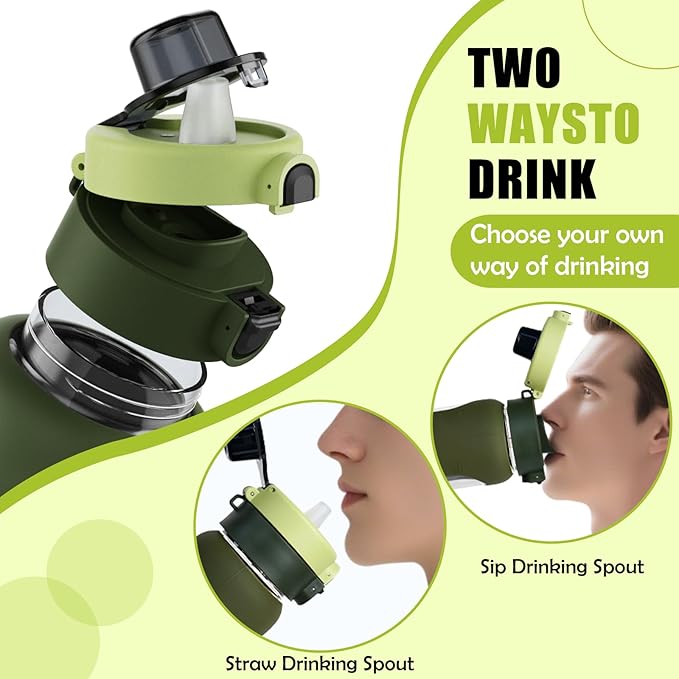 ANOTION 24OZ Glass Water Bottle, Large Sports Water Bottle with Dual-Drink Lid Clear Leakproof Glass Bottles with Straw, Motivational Jug with Silicone Sleeve and Time Marker for Travel Gym-Green