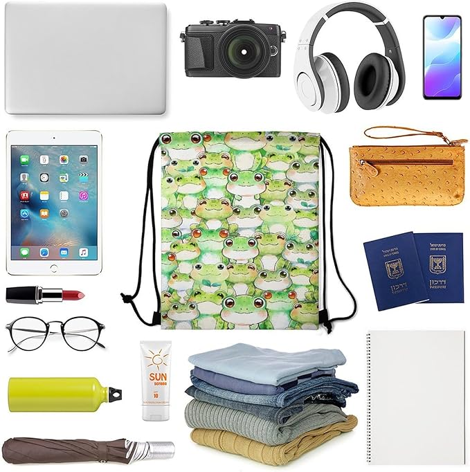 Frog Drawstring Backpack - Cute Cinch Sack, String Backpacks for Kids Women Men Boys Girls for Gym Outdoor Sports Travel Athletic Drawstring Bag - Lightweight/Foldable