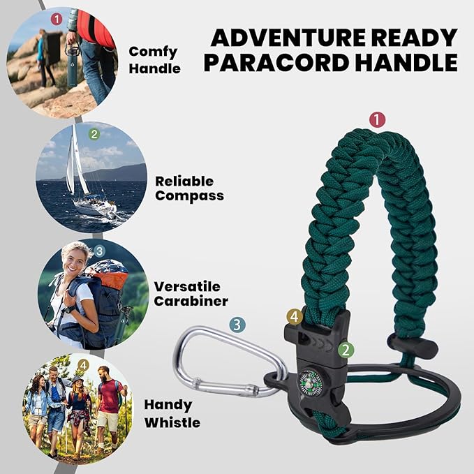 Insulated Water Bottle 24oz, Triple Wall Vacuum Stainless Steel (Cold for 48 Hrs, Hot for 24Hrs), Leak Proof & Non-BPA, 24oz Hydro Water Flask with Paracord Handle & Straw Spout Lids