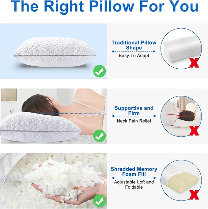 Cooling Pillows Queen Size Set of 2, Shredded Memory Foam Pillows, Adjustable Firm Bed Pillows Cool Cold Pillow for Hot Side Back Stomach Sleepers with Removable Washable Cover, 20" x 30", White