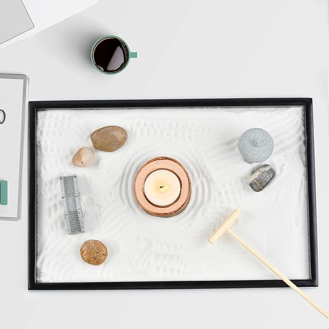 Calming Zen Garden, Zen Gift Set for Desk Office Decor Stress Relief Relaxation Gift Stone Zen Garden Kit for Home Meditation Mindfulness Gifts