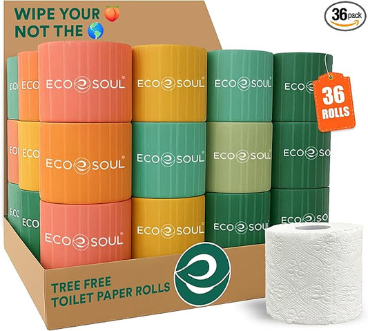 ECO SOUL Bamboo Toilet Paper 36 Mega Rolls 3 Ply, 300 Sheets per Roll | Eco-Friendly Septic Safe Organic Bath Tissues Sustainable Toilet Paper Compostable - FSC Certified