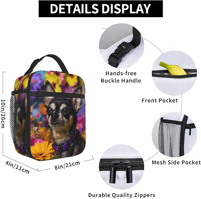 Insulated Lunch Box for Women Men, Chihuahua Dog Floral Lunch Box Reusable Portable Lunch Bag Cooler Tote Waterproof Lunch Container for Office Picnic Work Travel Hiking