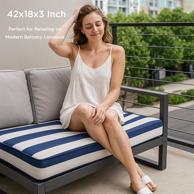 Codi Outdoor Bench Cushion 42 inch, Double Waterproof Patio Furniture Cushions Replacement for Swing, Porch, Couch, 42x18x3'', Breton Stripes