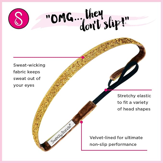 Sweaty Bands Womens Girls Headband - Non-Slip Velvet-Lined Fitness Sparkle Hairband - Viva Diva Turquoise 1-Inch