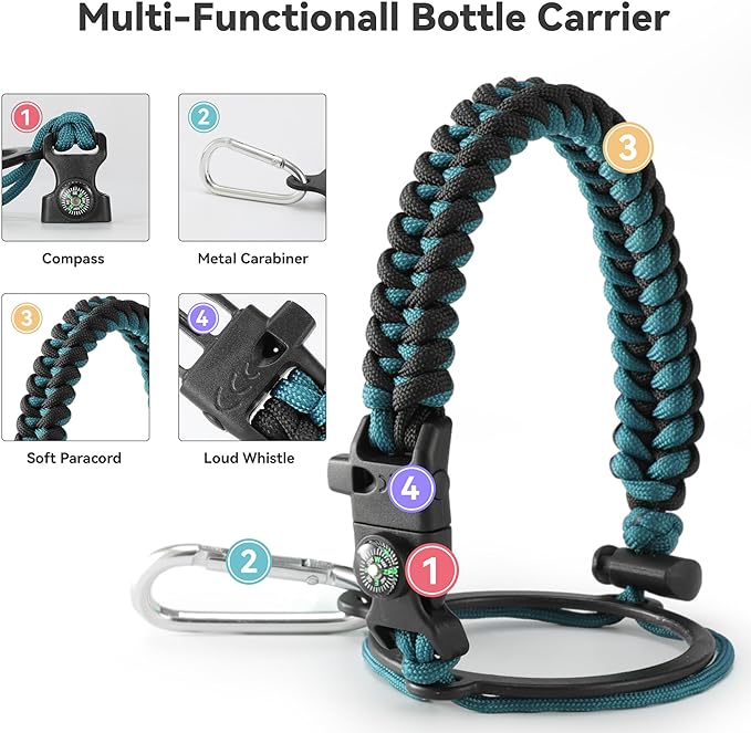 64 oz Insulated Water Bottle with Straw & Spout Lids, Stainless Steel Metal Half Gallon Water Jug with Paracord Handle, Double Wall Vacuum, Leakproof, Keep Drinks Cold & Hot, Blue Black Gradient