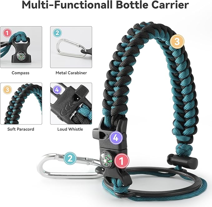 64 oz Insulated Water Bottle with Straw & Spout Lids, Stainless Steel Metal Half Gallon Water Jug with Paracord Handle, Double Wall Vacuum, Leakproof, Keep Drinks Cold & Hot, Black Gray Gradient