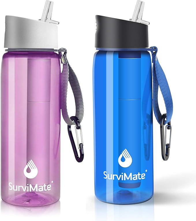 SurviMate Purified Water Bottle for Camping, Hiking, Backpacking and Travel, BPA Free with 5-Stage Intergrated Filter Straw