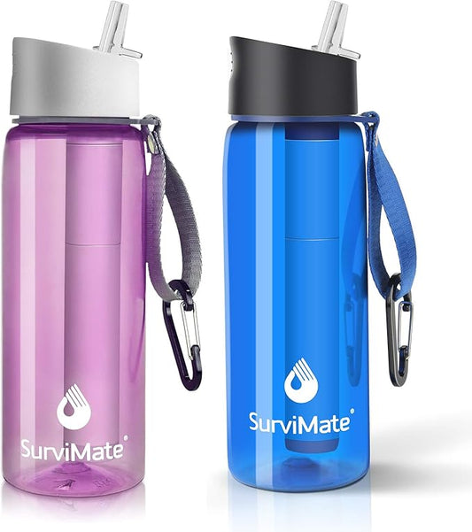 SurviMate Purified Water Bottle for Camping, Hiking, Backpacking and Travel, BPA Free with 5-Stage Intergrated Filter Straw