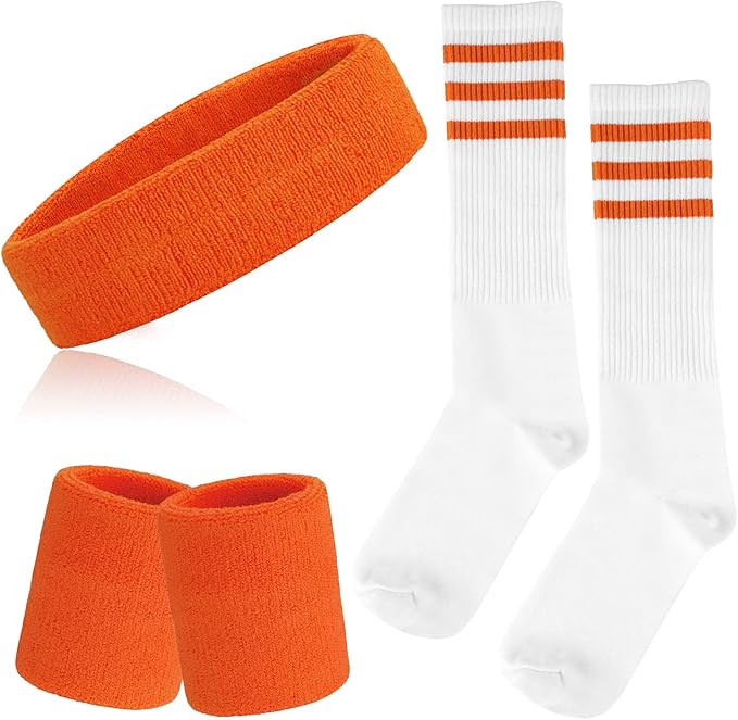 ONUPGO 5 Pieces Sweatbands Striped Socks Set Sports Headband Wristbands High Tube Socks 80s Accessories Costumes