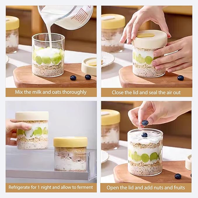 13.5oz Overnight Oats Containers with Lids, Glass Jar with Lid, Overnight Oats Jars, Meal Prep Jars for Yogurt Oats Parfait Chia Pudding Cereal Snacks (4PCS)