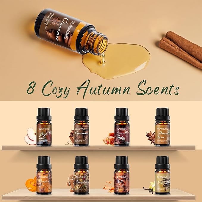 ﻿Fall Essential Oils Set | 8 Pcs Autumn Essential Oils for Diffusers for Home, Fragrance Oil for Candle, Aromatherapy Gift Set | Pumpkin Pie, Cinnamon, Apple Cider, Vanilla, Fall Leaf & More
