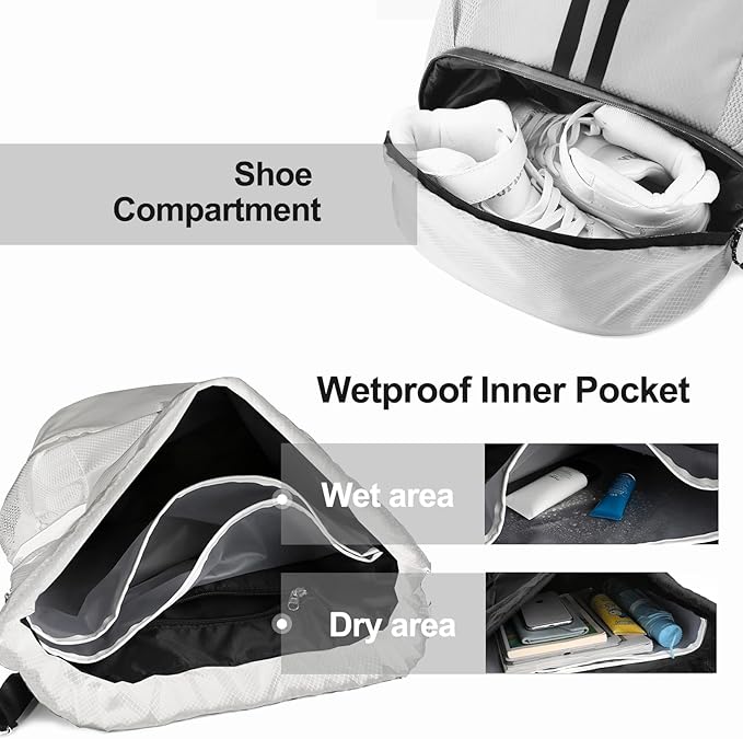 Hoedia Sports Drawstring Backpack - String Swim Gym Bag with Shoes Compartment and Wet Proof Pocket for Women/Men (White)