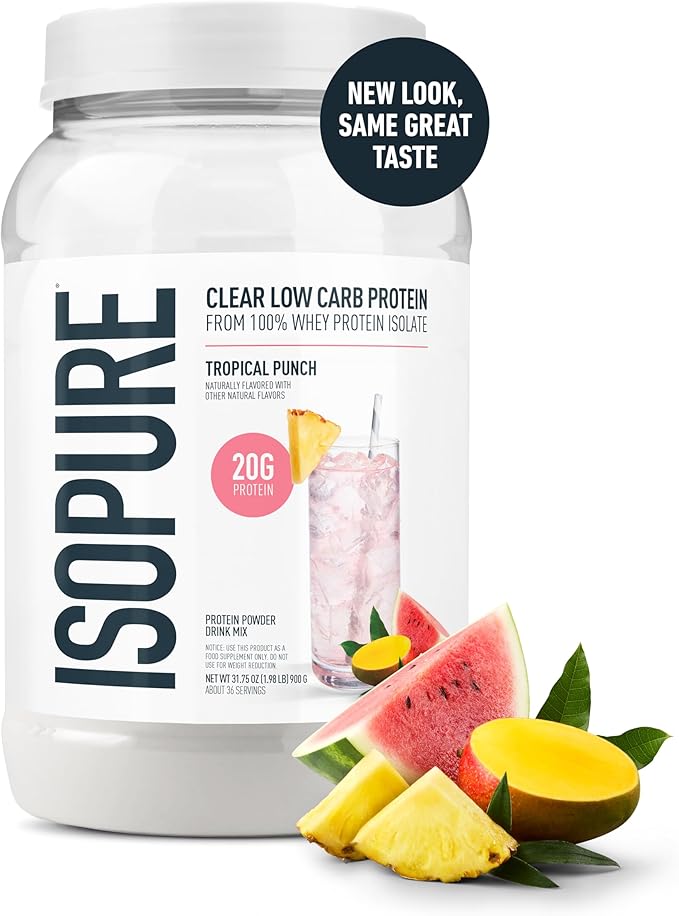 Isopure 100% Pure Whey Isolate Protein Powder Infusions, Lactose Free, Gluten Free, Naturally Flavored, Tropical Punch, 20g Protein Per Serving, 1.9 Lbs, 36 Servings