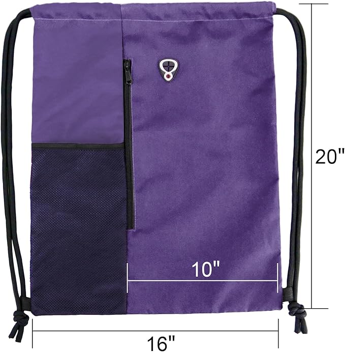BeeGreen Dark Purple Drawstring Backpack Gym Bag For Men & Women – Sports Sackpack with Mesh Water Bottle Holder & 2 Zippered Pockets – Large 16x20 Inch Cinch String Backpack