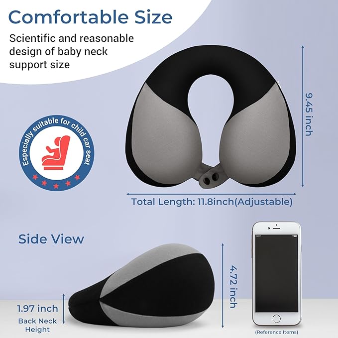 COOLBEBE Kids Travel Neck Pillow, Softly Double Support Travel Pillow for Car & Airplane, Traveling Gifts for Toddler & Children (Black)