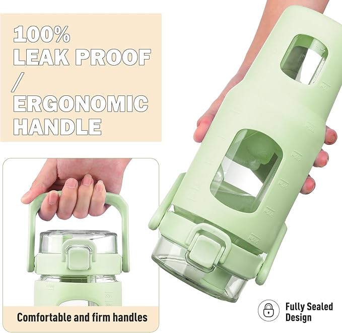 BLUEGO 32oz Glass Tumbler with Lid and Handle, Iced Coffee Cup with Straws, Glass Water Bottle with Silicone Sleeve and Volume, Marker Glass Cup with Time Marking, BPA Free, Green