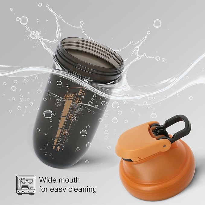 20 oz protein shaker bottle, TRITAN Plastic, BPA/BPS Free Whey Protein Drink Cups for Pre-Workout and Gym, Blender Shaker for Blending Protein Shakes, Overnight Oats and Smoothies (orange)