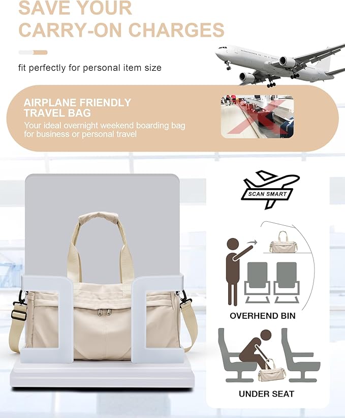 Gym Bag for Women Men, Sport Duffel Bag with Toiletry Bag & Shoe Compartment,Waterproof Travel Weekender Overnight Carry on Bag for Yoga with Trolley Sleeve, Beige Set