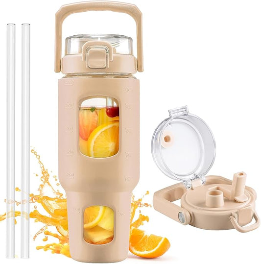 BLUEGO 40oz Glass Tumbler with Lid and Straw, Glass Water Bottles with Handle, Glass Cup with Time Marker and Silicone Sleeve, Fits Most Cup Holder, Leak-proof, Amber