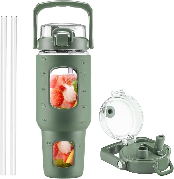 BLUEGO 40 oz Glass Water Bottle with Straw, Leakproof and Time Marker, Wide Mouth for Travel, Gym, Workout, Olive