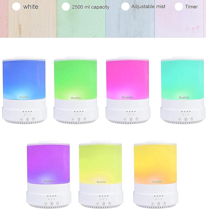 BlueHills 2500 ML XL Essential Oil Diffuser Aroma Humidifier with Timer for Large Home Decor Baby Rooms Plants Big Huge 2.5 L Extra Large Capacity High Mist Long Run with Lights White - F001