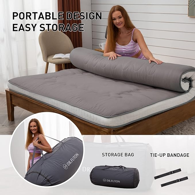 Dr.Futon Japanese Floor Futon Mattress Extra Thick Folding Roll Up Bed Topper Mat for Guest,Lounger and Tavel