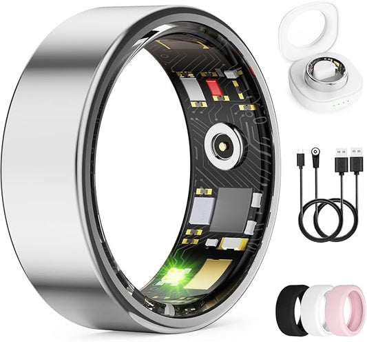 Smart Ring for Women & Men, Health Monitoring Ring with Heart Rate, Blood Oxygen,Blood Pressure, IP68 Waterproof Fitness Ring, Sleep Monitoring for iPhone and Android, No APP Fee(Silver,14#)