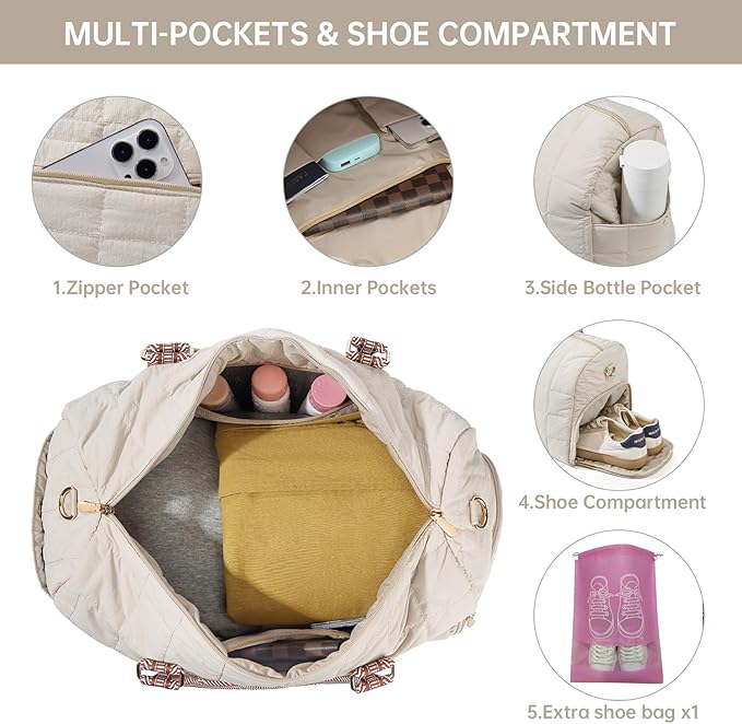 Duffle Bag for Travel, Weekender Bag with Shoe Compartment, Carry On Overnight Bag for Women with Toiletry Bag, Gym Bag with Wet Pocket, Hospital Bags for Labor and Delivery Beige
