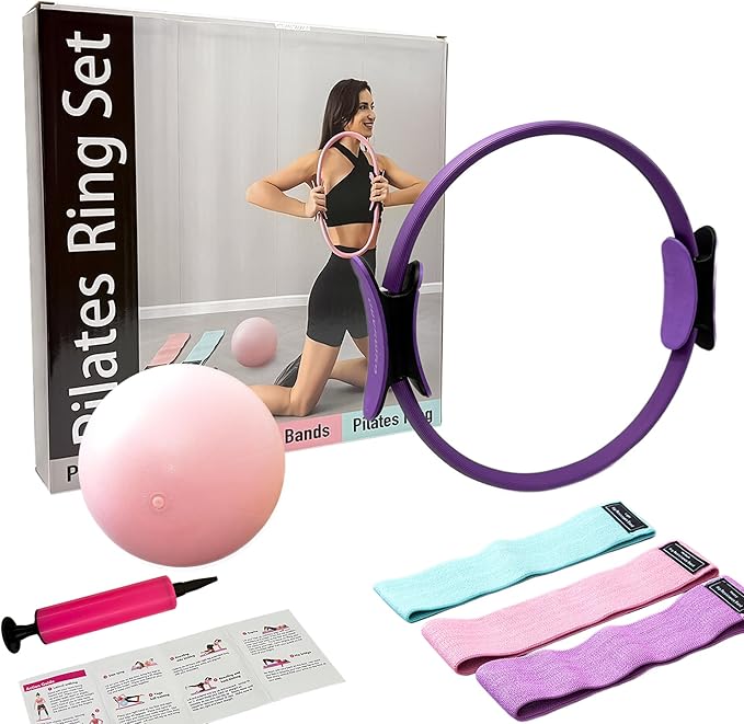 Pilates Ring Kit with Mini Ball & 3 Resistance Bands, at Home Pilates Equipment Set for Toning, Strength & Core Work, 15'' Magic Circle & 3-Level Bands