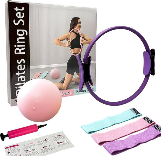 Pilates Ring Kit with Mini Ball & 3 Resistance Bands, at Home Pilates Equipment Set for Toning, Strength & Core Work, 15'' Magic Circle & 3-Level Bands
