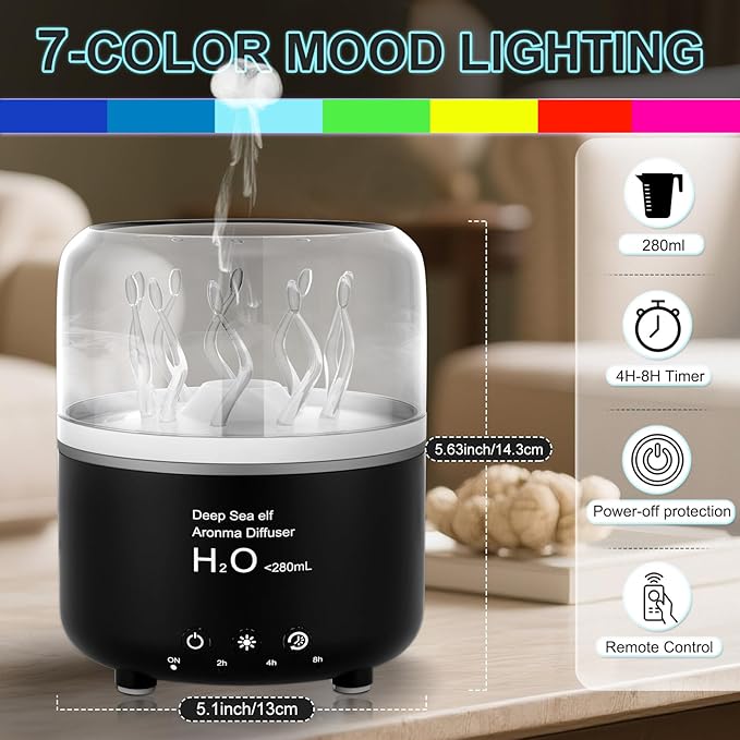 Morbou Essential Oil Diffuser with Jellyfish Spray & Sea Anemone Rotation, 280ml Ultrasonic Aromatherapy Machine,7-Color LED Night Light Quiet Mist for Bedroom, Remote Control