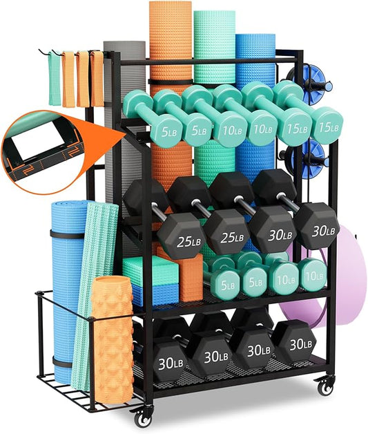 600LBS Dumbbell Rack Weight Stand - Bonvork Adjustable Weight Rack for Dumbbells, Home Gym Storage Rack for Yoga Mat Foam Roller Kettlebells, Workout Equipment Storage Organizer With Wheels