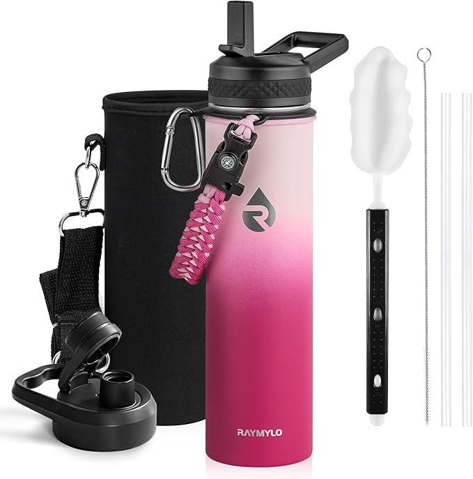Insulated Water Bottle 24oz, Triple Wall Vacuum Stainless Steel (Cold for 48 Hrs, Hot for 24Hrs), Leak Proof & Non-BPA, 24oz Hydro Water Flask with Paracord Handle & Straw Spout Lids