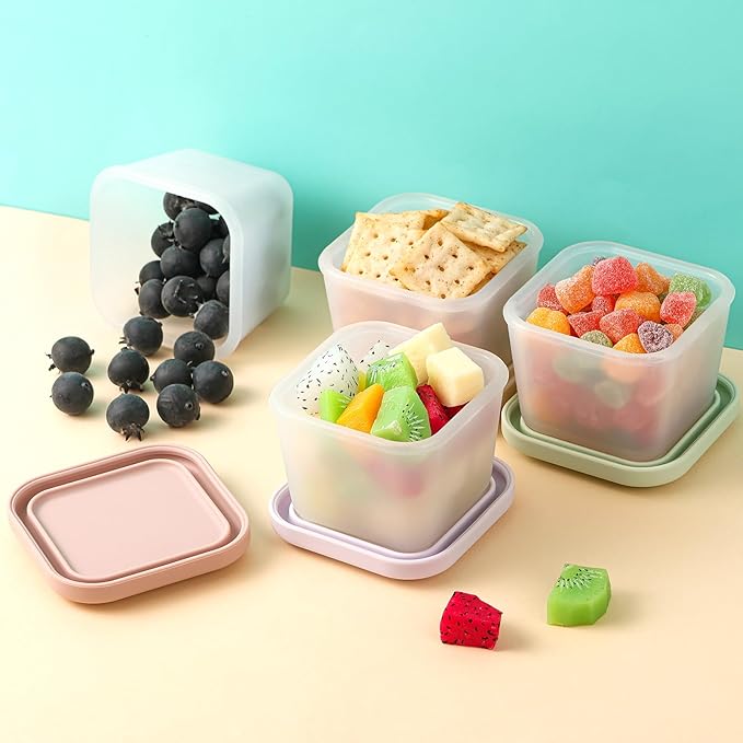 4 Pack 9 oz Silicone Snack Container for Kids, Reusable Silicone Food Storage Containers with Lid, Meal Prep Storage for Fruit, Kids Lunch Box for Travel, Home