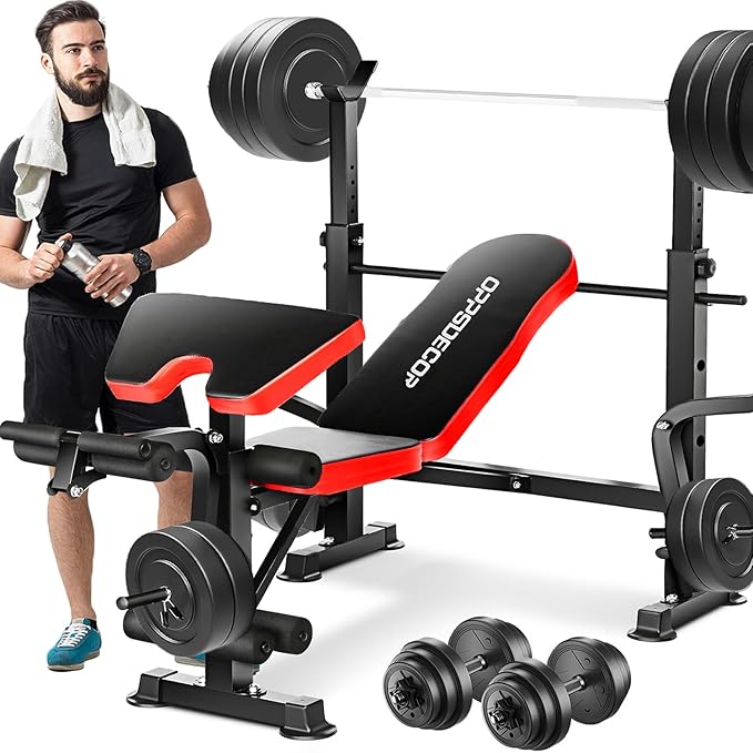 OPPSDECOR 6 in 1 660lbs Weight Bench with Leg Extension and Leg Curl, Foldable Bench Press Set and Squat Barbell Rack with Preacher Curl, Adjustable Workout Bench for Home Gym Strength Training PXZXYX1