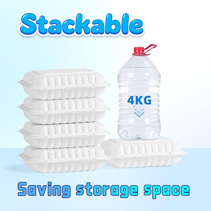 YANGRUI Food Containers 9x6 Inch 28 oz 50 Pack - Shrink Wrap Mineral-Filled BPA Free PP Plastic | Reusable Heavy Duty Freezer & Microwave Safe | Restaurant Grade White Clamshell Takeout Container