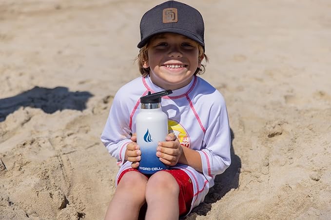 HYDRO CELL Stainless Steel Water Bottle with Straw & 2 Standard Mouth Lids (32oz 24oz 20oz 16oz) Keeps Liquids Hot or Cold w/Double Wall Vacuum Insulated Leak Proof Sport Design (Navy/White 16oz)