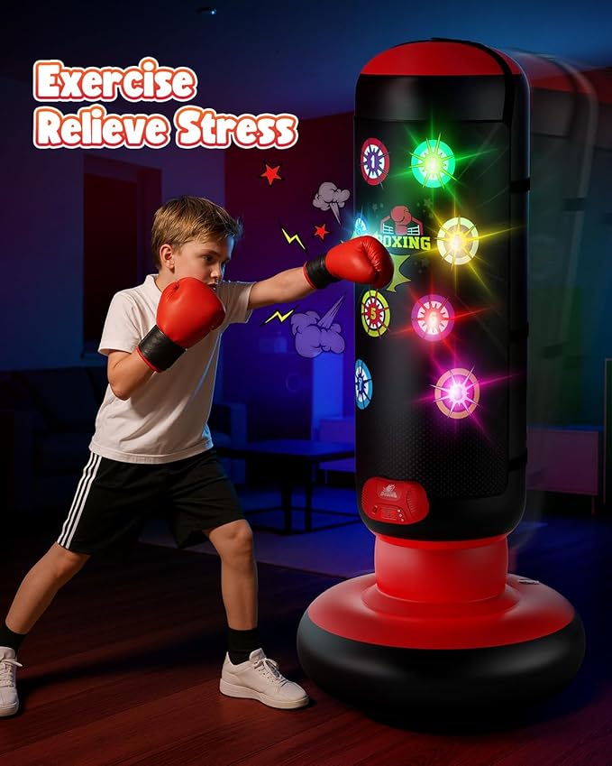 HopeRock Punching Bag for Kids, Boxing Set with Scoring, Light, Music, 4 Game Modes, Inflatable Boxing Bag with Gloves, Birthday Gifts Toys for 4-8-12 Years Old Boys