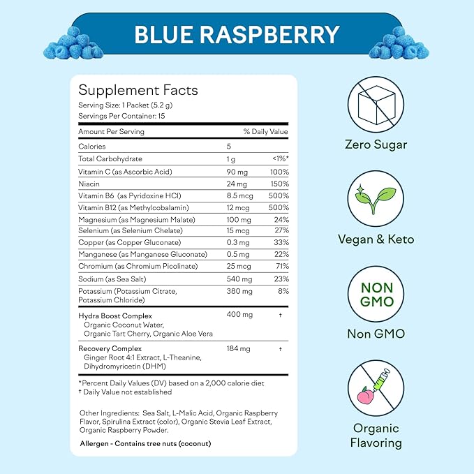 Feel Goods Hydration Hero, 1,000mg Electrolytes Powder, Sugar Free, Magnesium, Organic Aloe Vera, L Theanine, Vitamin C & B12, Keto, Vegan, Electrolyte Packets, Blue Raspberry, 15 Count