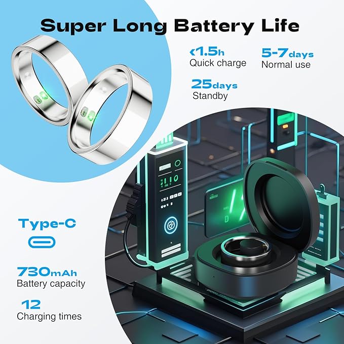 Smart Ring for Men Women - 5ATM Waterproof Health Fitness Tracker with Body Temperature Measurement, Heart Rate, Blood Oxygen, Sleep Monitoring, Step Counting for iOS and Android, No Subscription Fee